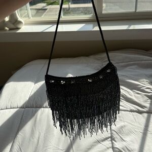 Vintage Lancôme Fringe Black Beaded Mini Shoulder Bag
